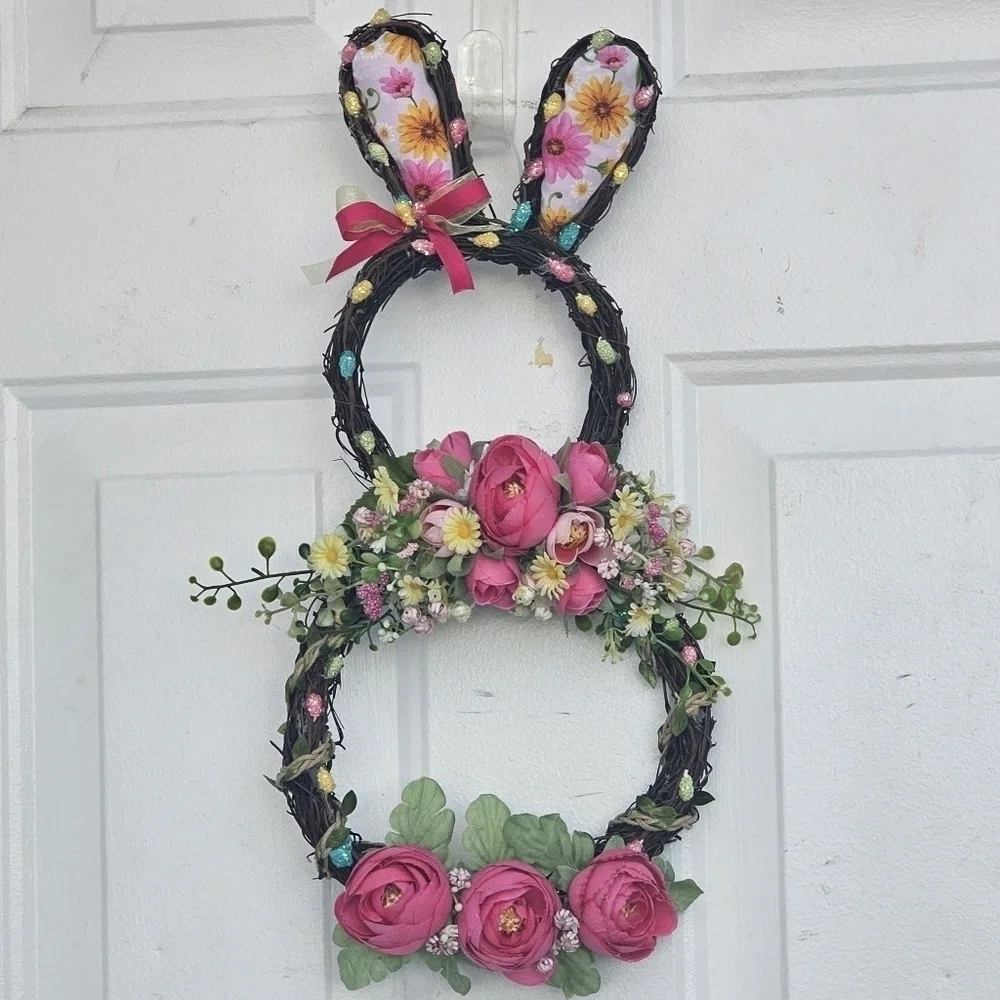Handmade floral bunny Spring/Easter Wreath with Different shades of pink florals